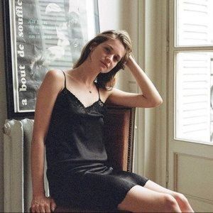 Rouje Black Silky Nightie Lingerie Slip with Scalloped Edge, Lace & Buttons